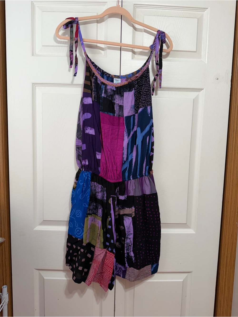 Patchwork Tie-Shoulder Romper in Purple Multi